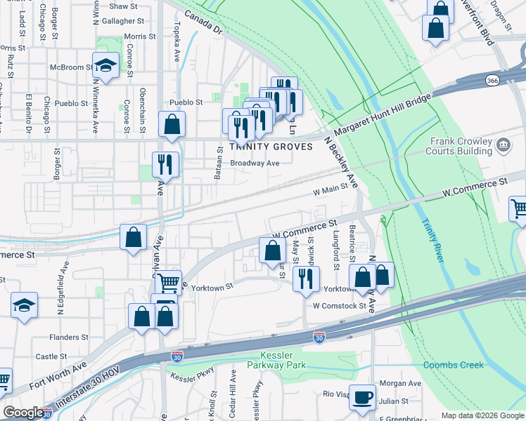 map of restaurants, bars, coffee shops, grocery stores, and more near 336 W Main St in Dallas