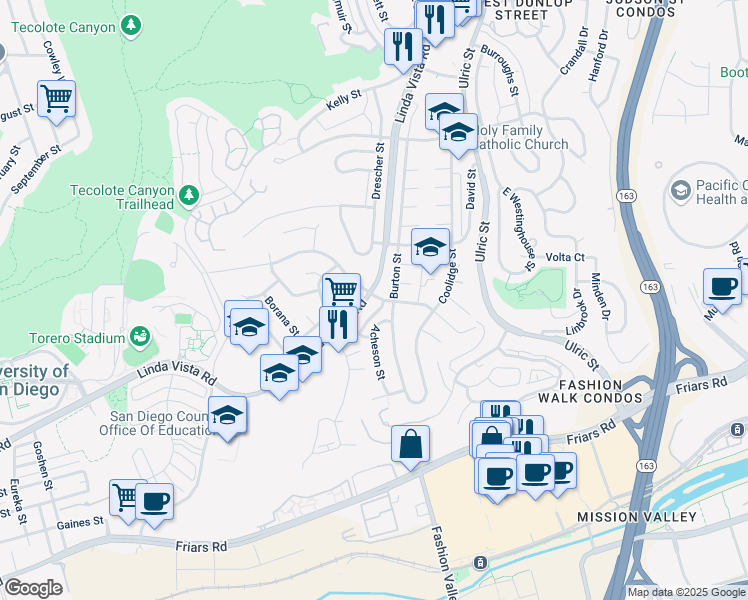 map of restaurants, bars, coffee shops, grocery stores, and more near Linda Vista Road in San Diego