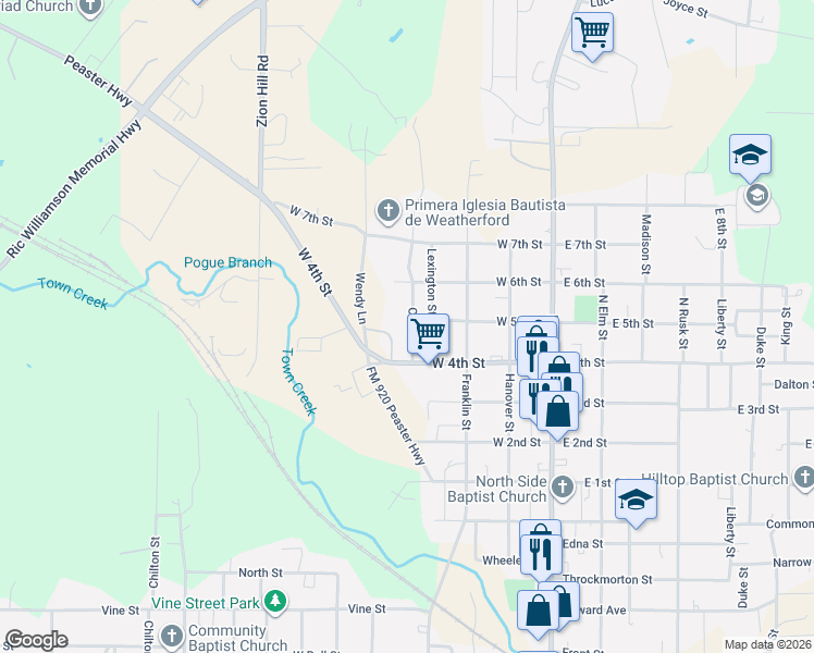 map of restaurants, bars, coffee shops, grocery stores, and more near 1313 Oliver Street in Weatherford