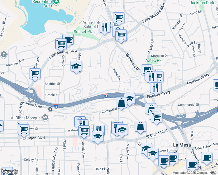 map of restaurants, bars, coffee shops, grocery stores, and more near 7576 Parkway Drive in La Mesa
