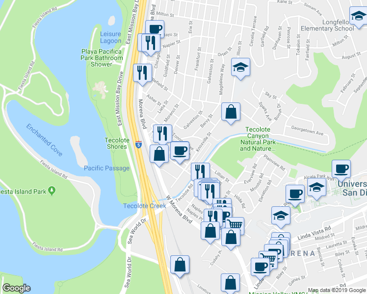 map of restaurants, bars, coffee shops, grocery stores, and more near 1370 Lehigh Street in San Diego