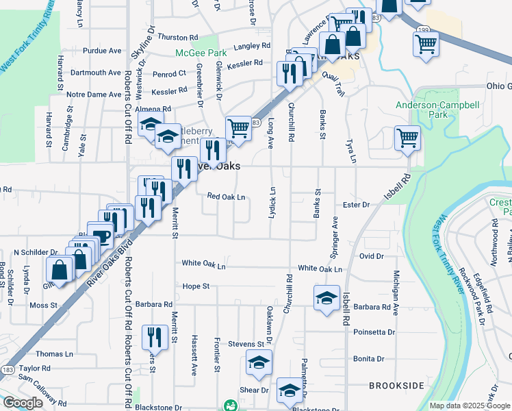map of restaurants, bars, coffee shops, grocery stores, and more near 928 Red Oak Ln in River Oaks