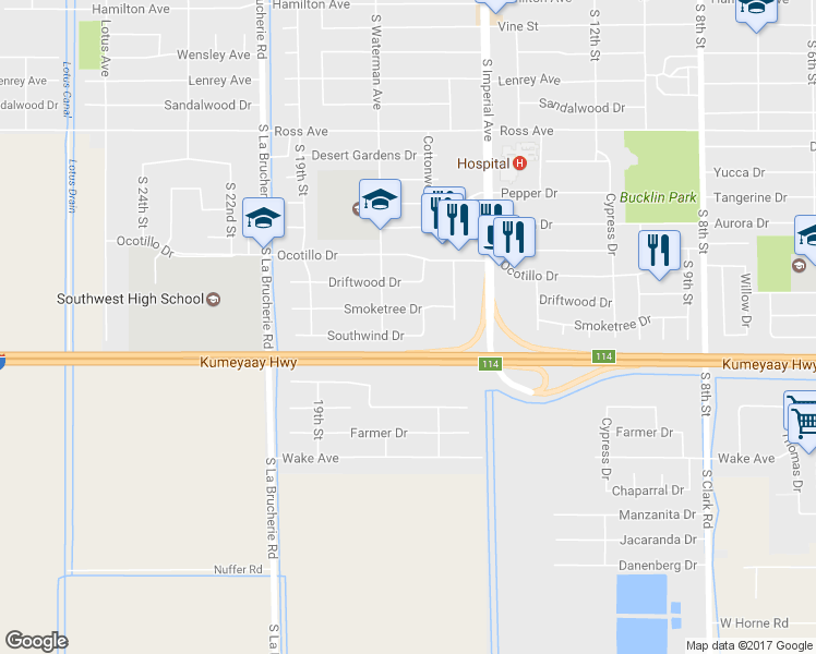 map of restaurants, bars, coffee shops, grocery stores, and more near 1642 Southwind Drive in El Centro