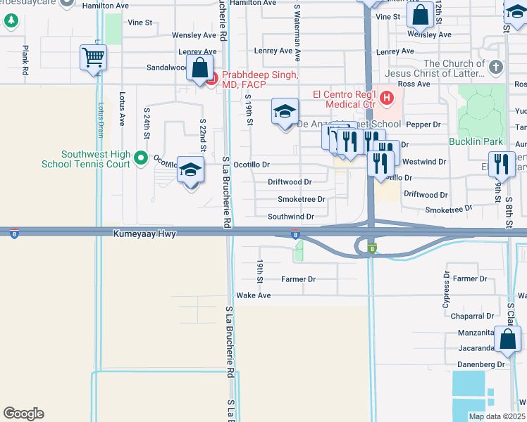 map of restaurants, bars, coffee shops, grocery stores, and more near South 19th Street in El Centro