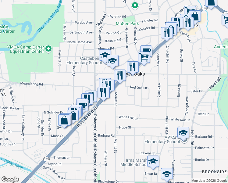 map of restaurants, bars, coffee shops, grocery stores, and more near 1000 Merritt Street in River Oaks