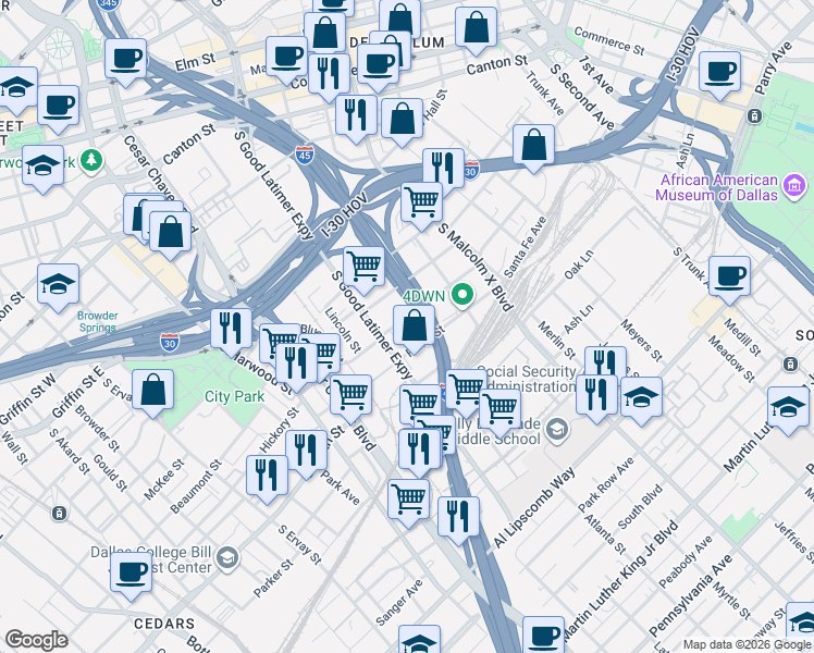 map of restaurants, bars, coffee shops, grocery stores, and more near 2526 Hickory Street in Dallas