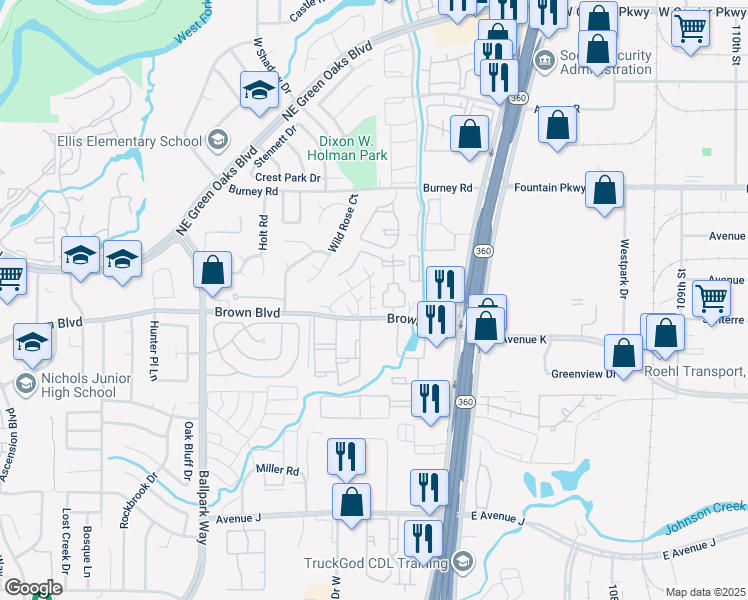 map of restaurants, bars, coffee shops, grocery stores, and more near 2500 Peargrove Cir in Arlington