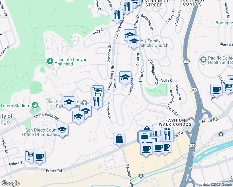 map of restaurants, bars, coffee shops, grocery stores, and more near 6822 Glidden Street in San Diego
