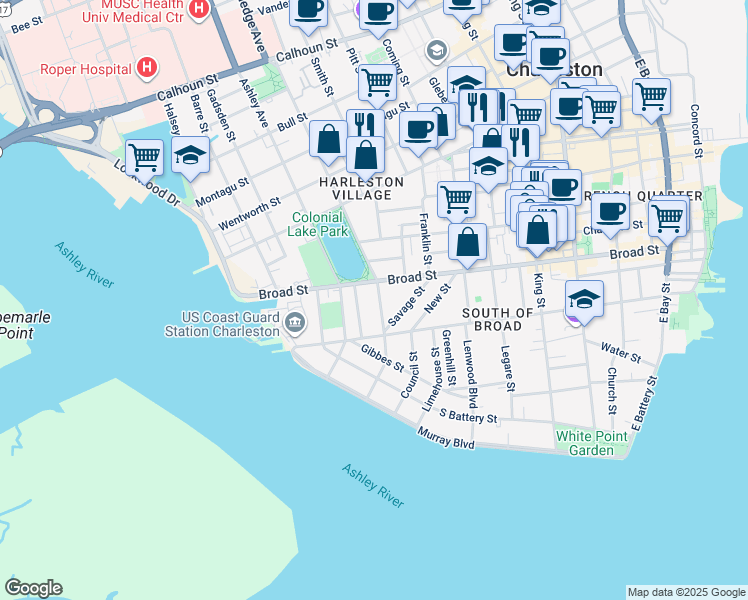 map of restaurants, bars, coffee shops, grocery stores, and more near 13 Rutledge Avenue in Charleston