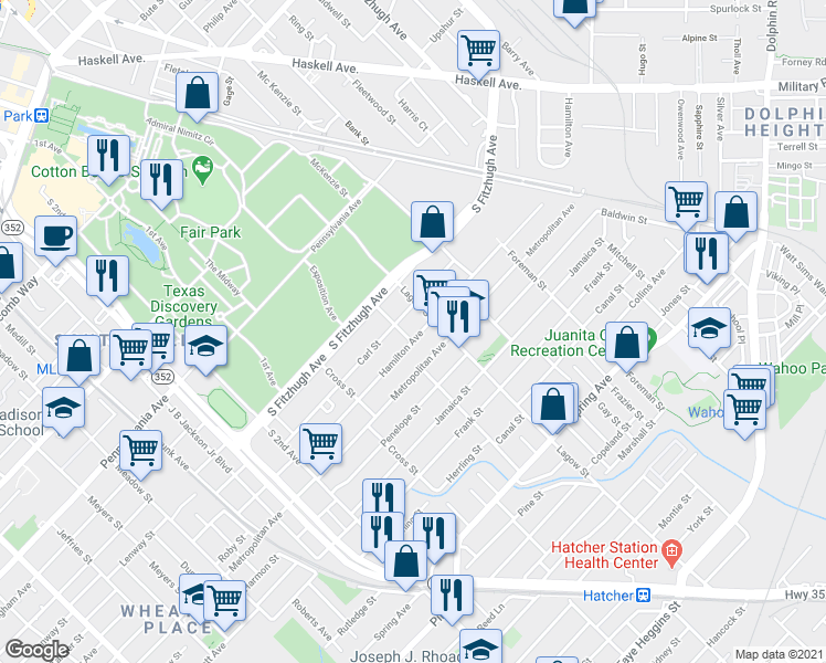 map of restaurants, bars, coffee shops, grocery stores, and more near 4105 Hamilton Avenue in Dallas
