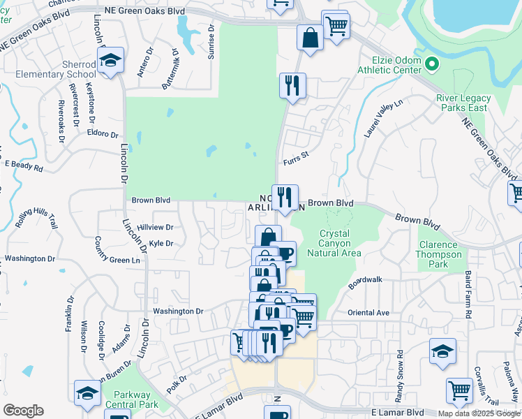 map of restaurants, bars, coffee shops, grocery stores, and more near 2319 Fair Oaks Drive in Arlington