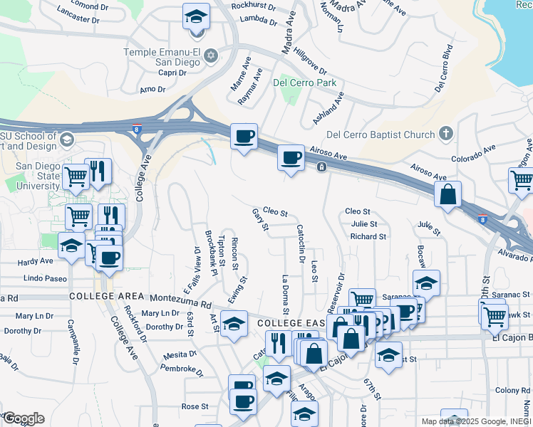 map of restaurants, bars, coffee shops, grocery stores, and more near 6427 Cleo Street in San Diego