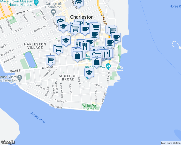 map of restaurants, bars, coffee shops, grocery stores, and more near 62 Tradd Street in Charleston