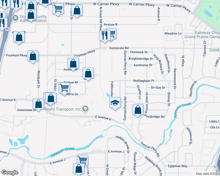 map of restaurants, bars, coffee shops, grocery stores, and more near 2233 Fallbrooke Drive in Grand Prairie