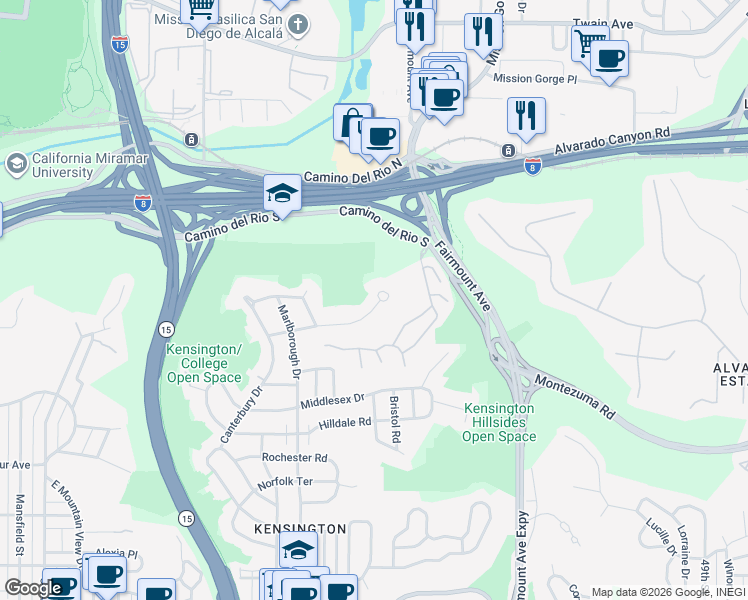 map of restaurants, bars, coffee shops, grocery stores, and more near 4330 Ridgeway Drive in San Diego