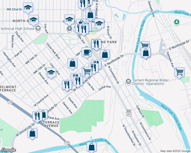 map of restaurants, bars, coffee shops, grocery stores, and more near 1222 Clinton Ave in Fort Worth