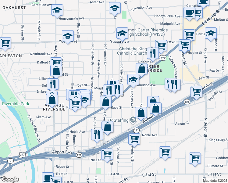 map of restaurants, bars, coffee shops, grocery stores, and more near 820 Murphy Street in Fort Worth