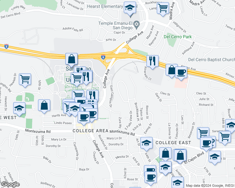 map of restaurants, bars, coffee shops, grocery stores, and more near 5336 West Falls View Drive in San Diego