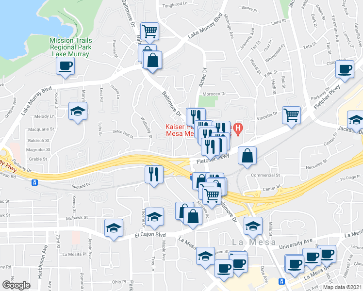 map of restaurants, bars, coffee shops, grocery stores, and more near 7740 Parkway Drive in La Mesa