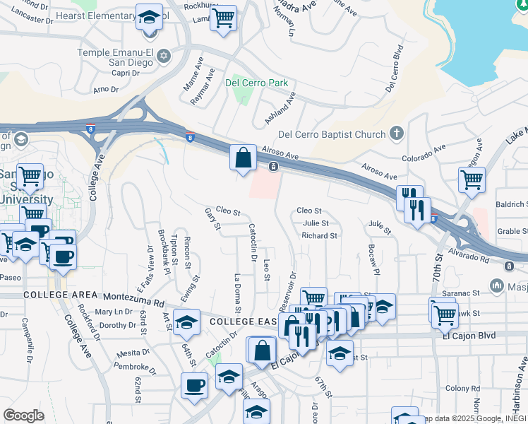 map of restaurants, bars, coffee shops, grocery stores, and more near 5474 Reservoir Drive in San Diego