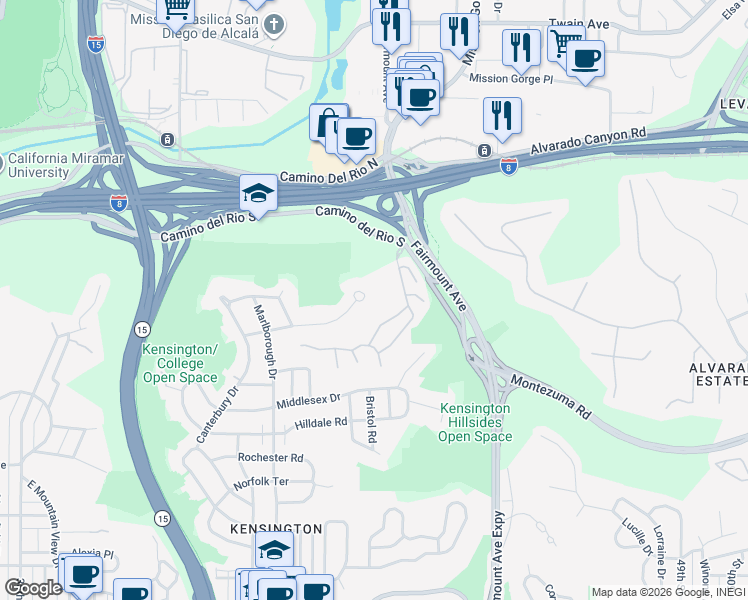 map of restaurants, bars, coffee shops, grocery stores, and more near 4351 Ridgeway Drive in San Diego