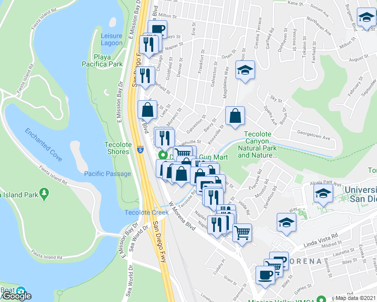 map of restaurants, bars, coffee shops, grocery stores, and more near 1370 Lehigh Street in San Diego