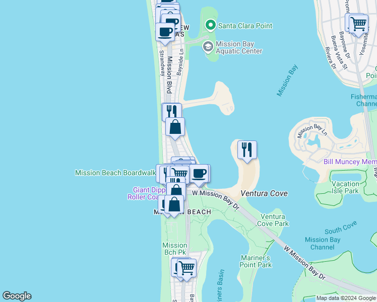 map of restaurants, bars, coffee shops, grocery stores, and more near 3334 Bayside Walk in San Diego
