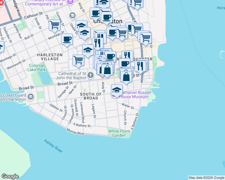 map of restaurants, bars, coffee shops, grocery stores, and more near 90 Tradd Street in Charleston