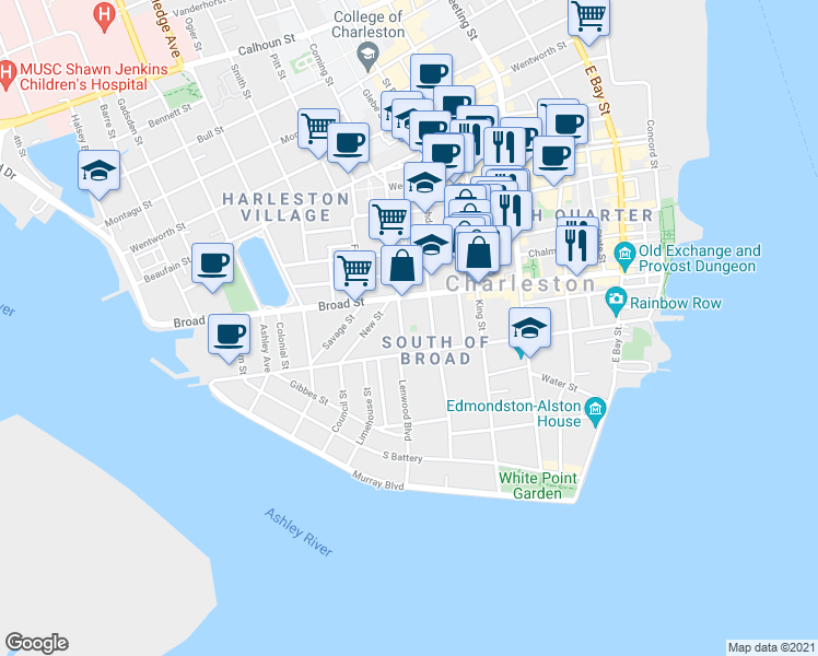 map of restaurants, bars, coffee shops, grocery stores, and more near in Charleston