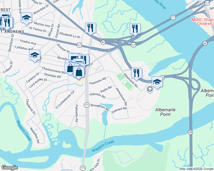 map of restaurants, bars, coffee shops, grocery stores, and more near 8 Sayle Road in Charleston