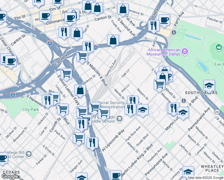 map of restaurants, bars, coffee shops, grocery stores, and more near in Dallas
