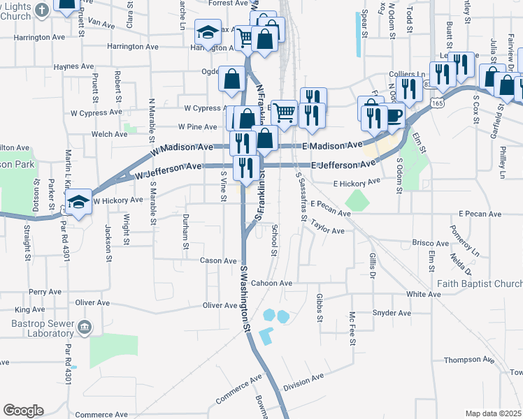 map of restaurants, bars, coffee shops, grocery stores, and more near Louisiana 593 in Bastrop