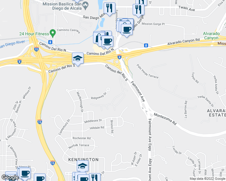 map of restaurants, bars, coffee shops, grocery stores, and more near 4351 Ridgeway Drive in San Diego