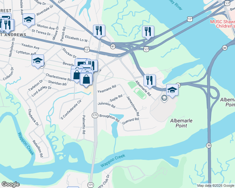 map of restaurants, bars, coffee shops, grocery stores, and more near 8 Sayle Road in Charleston