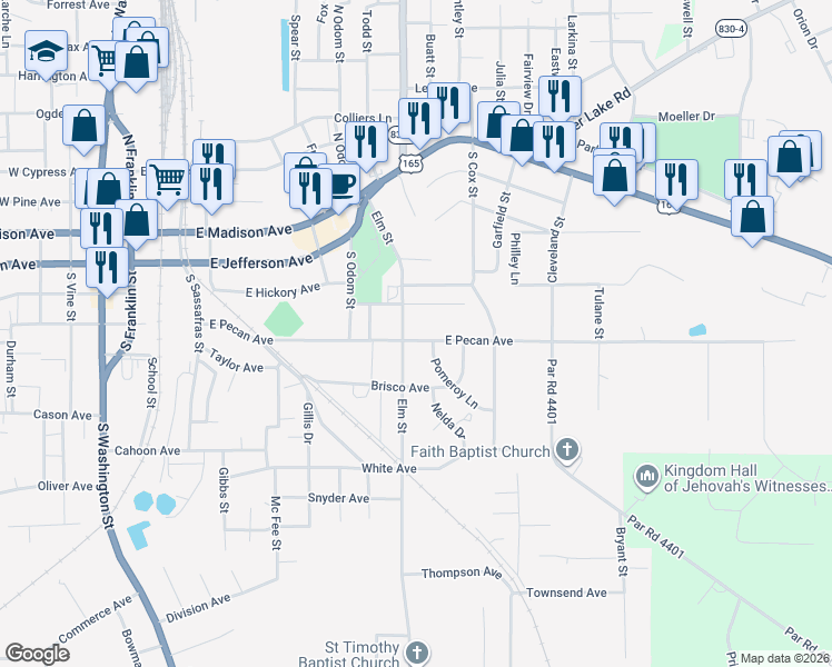 map of restaurants, bars, coffee shops, grocery stores, and more near 911 East Pecan Avenue in Bastrop
