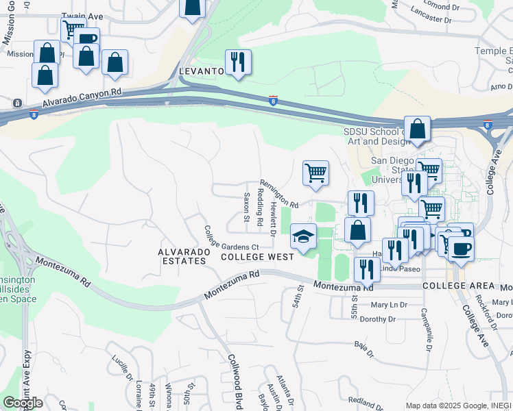 map of restaurants, bars, coffee shops, grocery stores, and more near 5356 Redding Road in San Diego