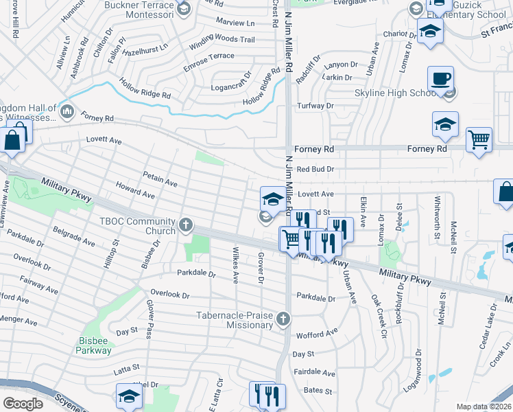 map of restaurants, bars, coffee shops, grocery stores, and more near 6819 Toland Street in Dallas