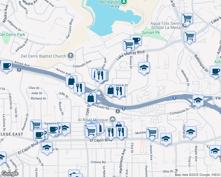 map of restaurants, bars, coffee shops, grocery stores, and more near 5340 Mary Fellows Avenue in La Mesa
