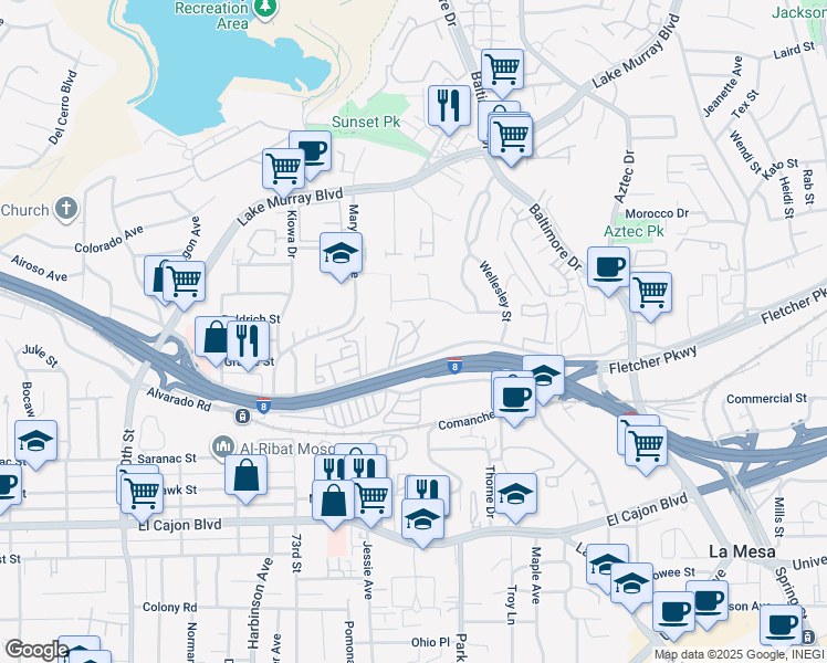 map of restaurants, bars, coffee shops, grocery stores, and more near 7504 Parkway Drive in La Mesa