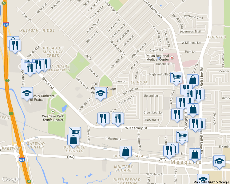 map of restaurants, bars, coffee shops, grocery stores, and more near 912 Lee Street in Mesquite