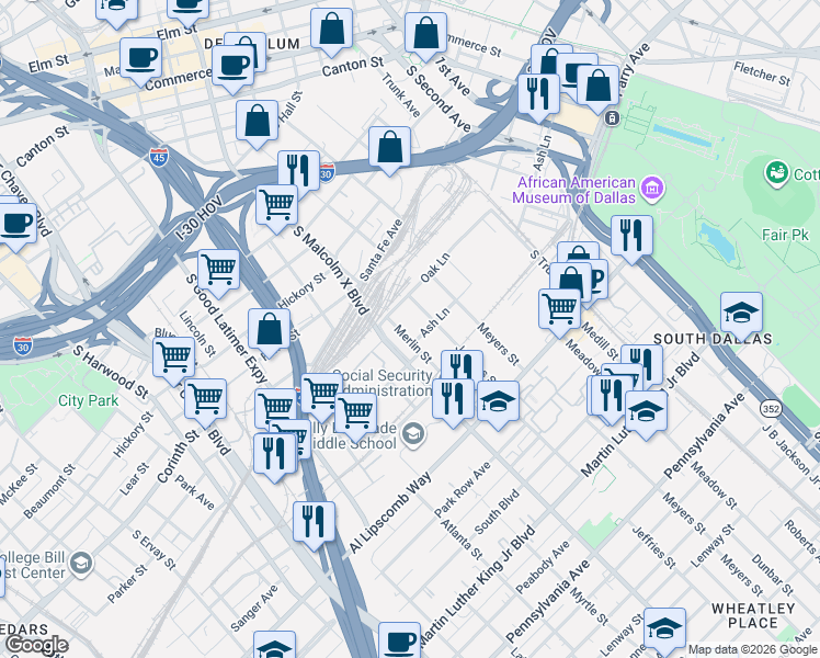 map of restaurants, bars, coffee shops, grocery stores, and more near 2422 Merlin Street in Dallas