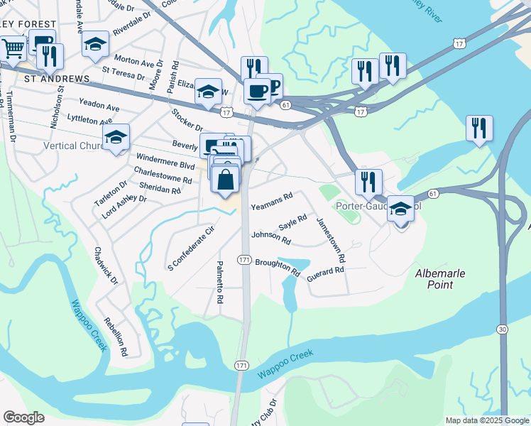 map of restaurants, bars, coffee shops, grocery stores, and more near 15 Yeamans Road in Charleston