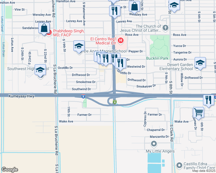 map of restaurants, bars, coffee shops, grocery stores, and more near 2075 Cottonwood Circle in El Centro