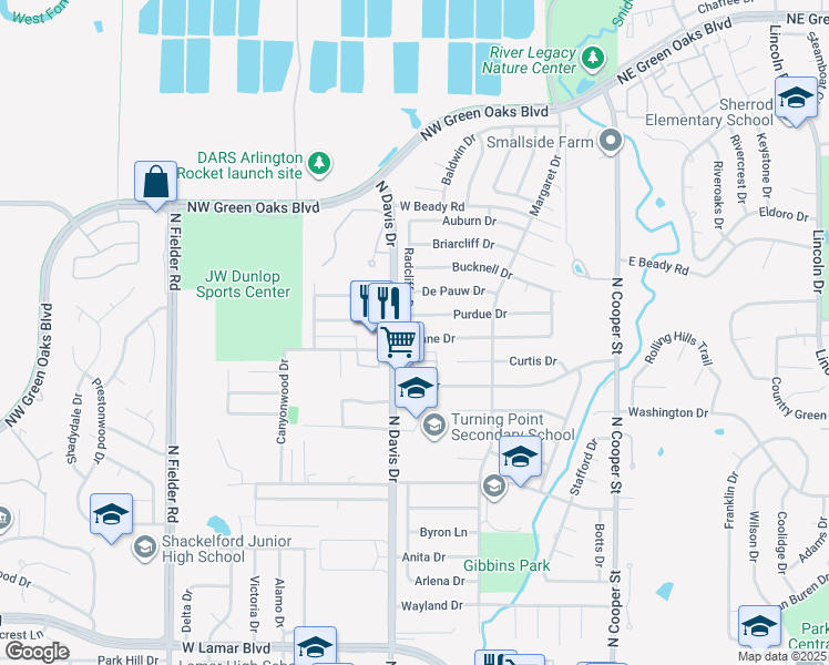 map of restaurants, bars, coffee shops, grocery stores, and more near 2401 Radcliffe Drive in Arlington