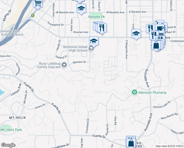 map of restaurants, bars, coffee shops, grocery stores, and more near 1148 Emerald Heights Road in El Cajon
