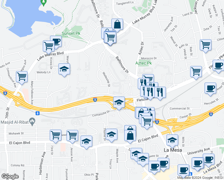 map of restaurants, bars, coffee shops, grocery stores, and more near 7646 Parkway Drive in La Mesa