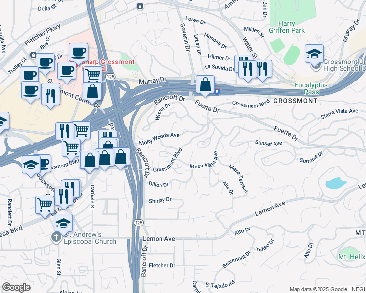 map of restaurants, bars, coffee shops, grocery stores, and more near Grossmont Boulevard in La Mesa