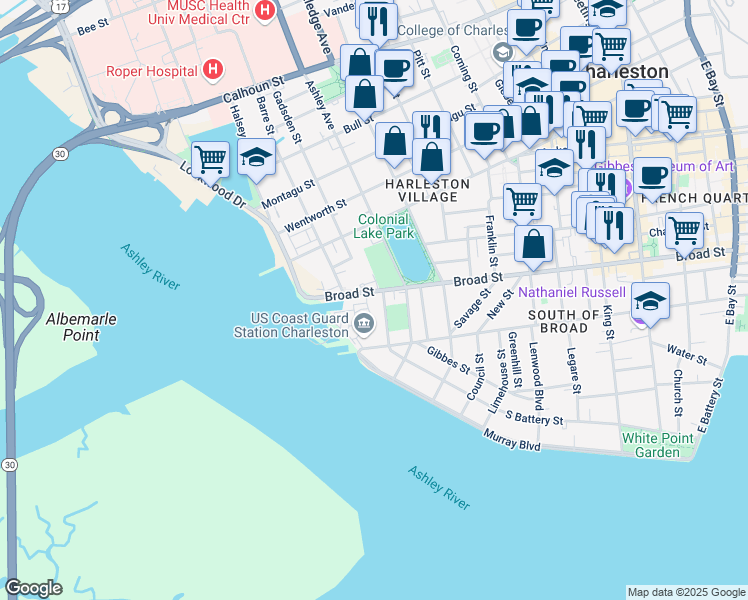 map of restaurants, bars, coffee shops, grocery stores, and more near 309 Broad Street in Charleston