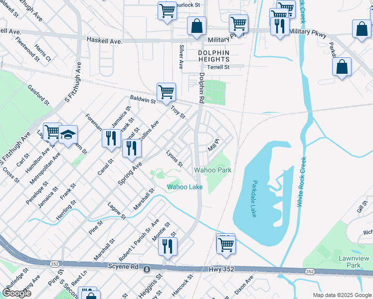 map of restaurants, bars, coffee shops, grocery stores, and more near 4806 Joseph Wiley Street in Dallas
