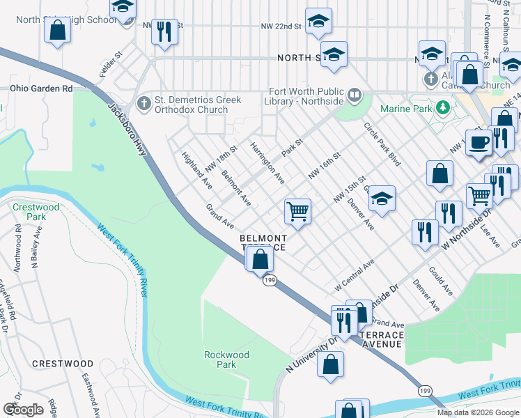 map of restaurants, bars, coffee shops, grocery stores, and more near 1702 Belmont Avenue in Fort Worth
